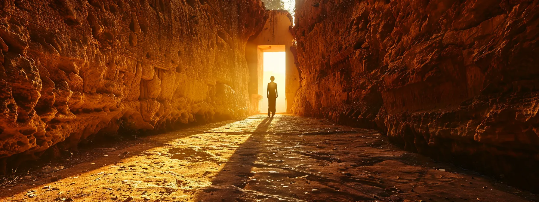 a person stepping out of a narrow door into a vast, sunlit landscape, symbolizing breaking free from mental constraints and embracing a paradigm shift.