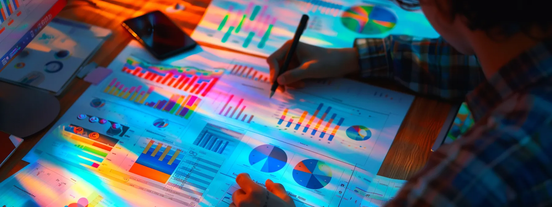 a person studying a meticulously organized financial plan with colorful charts and graphs spread out on a table.