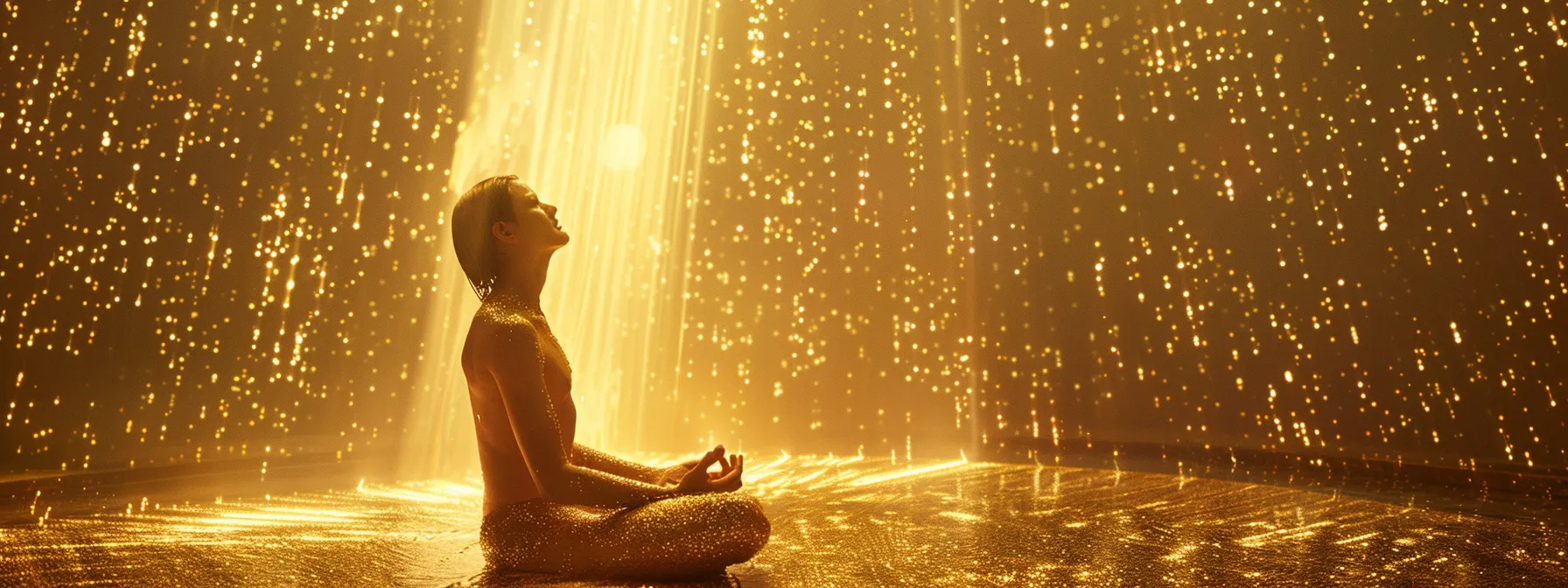 a person surrounded by a shower of golden light, embodying prosperity and inner peace through the power of the om hreem namah mantra.