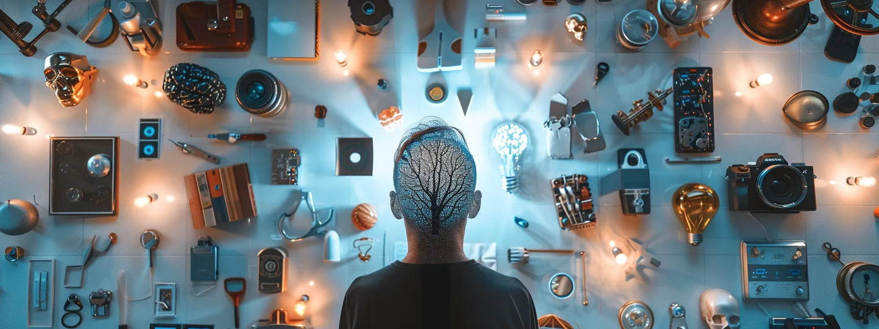 a person surrounded by a variety of personal development tools and resources, symbolizing ongoing learning and support to reinforce subconscious transformation.