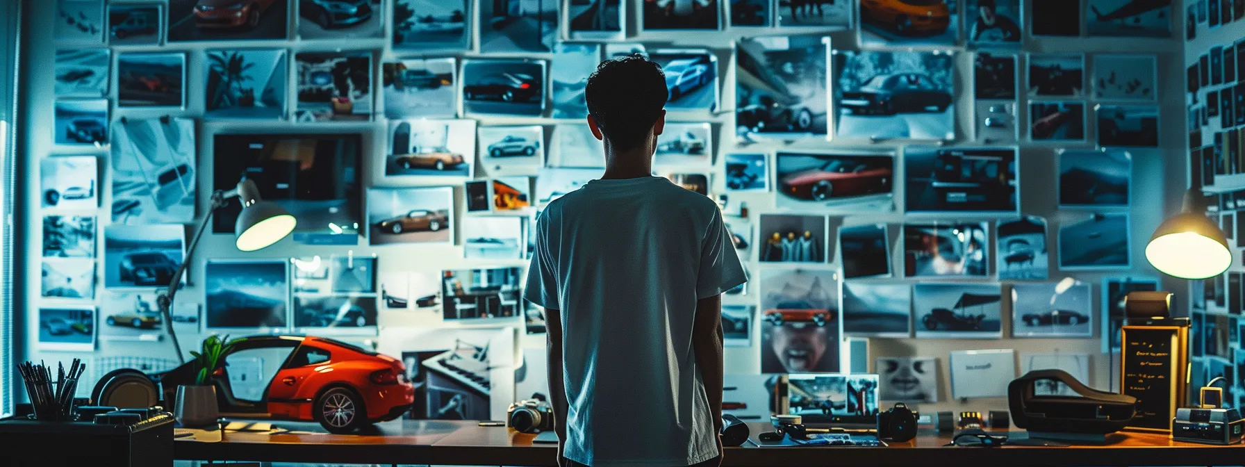 a person surrounded by a vision board filled with images of luxury cars, exotic vacations, and designer clothing, showcasing their unwavering desire for wealth creation.