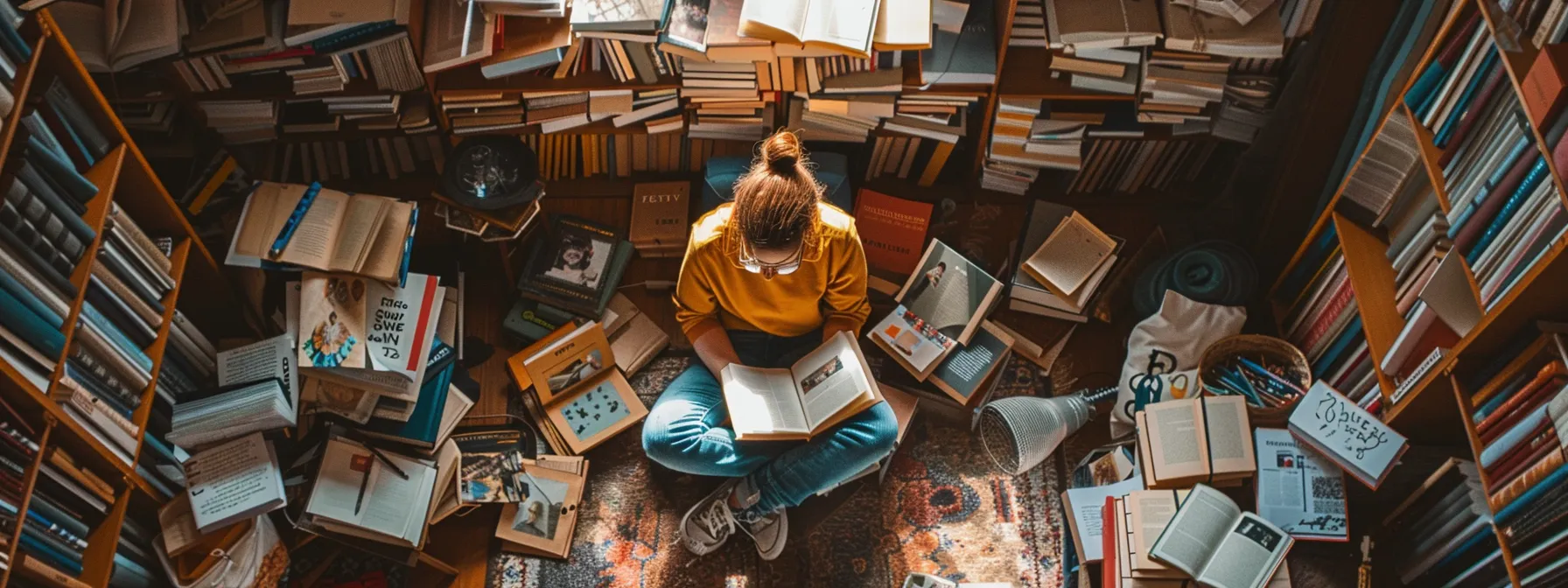 a person surrounded by books, a vision board, and a group of supportive friends, all in a room filled with abundance and positivity.