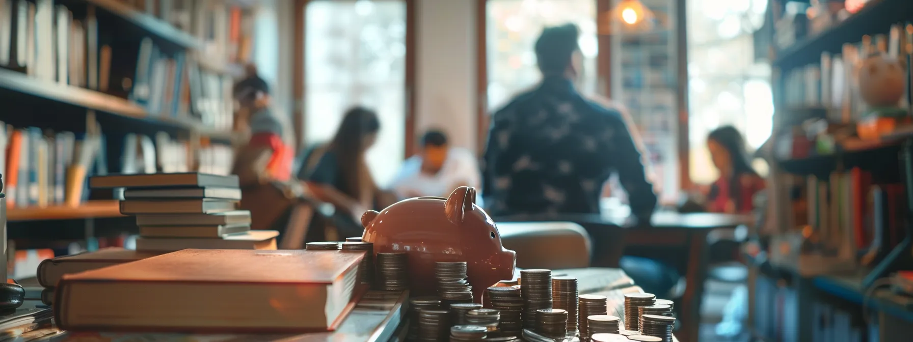 a person surrounded by books on finance, a piggy bank overflowing with coins, and a group of motivated individuals discussing wealth-building strategies in a well-lit room.