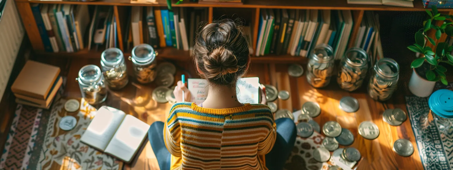 a person surrounded by books on personal finance, savings jars, and a gratitude journal, reflecting on their financial goals and growth mindset.