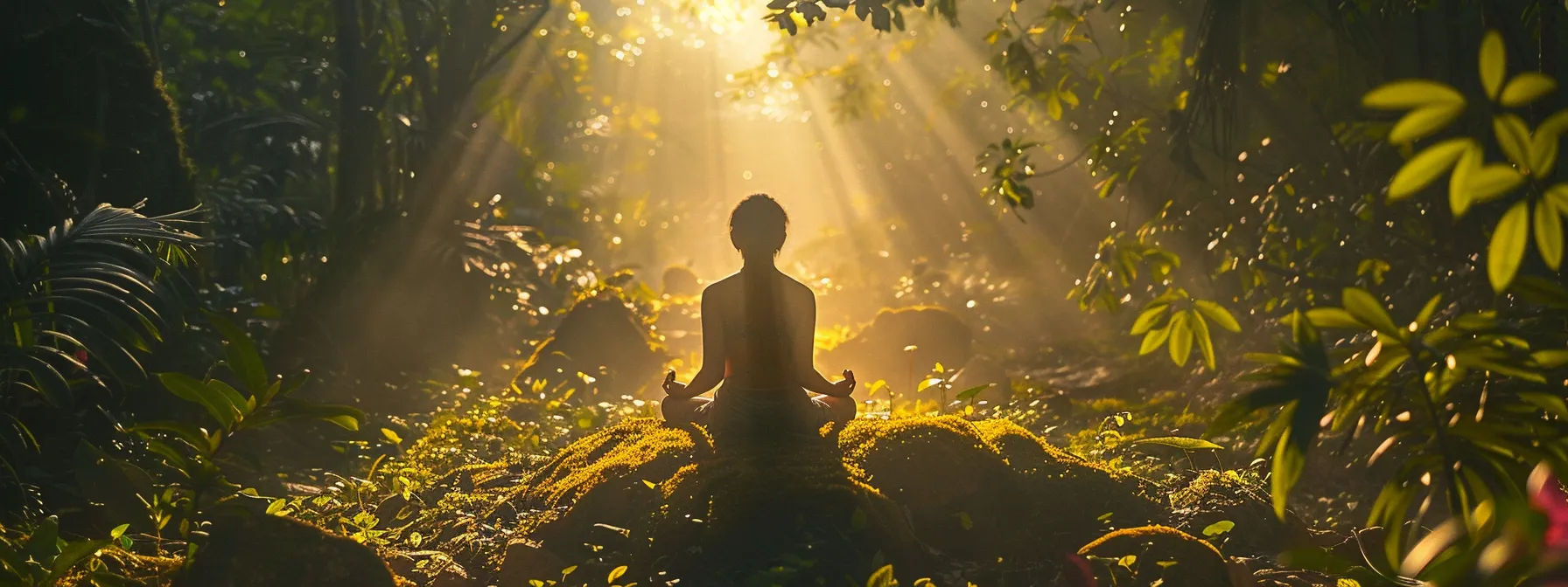 a person surrounded by calming nature, practicing deep breathing exercises to manage stress and achieve emotional balance.