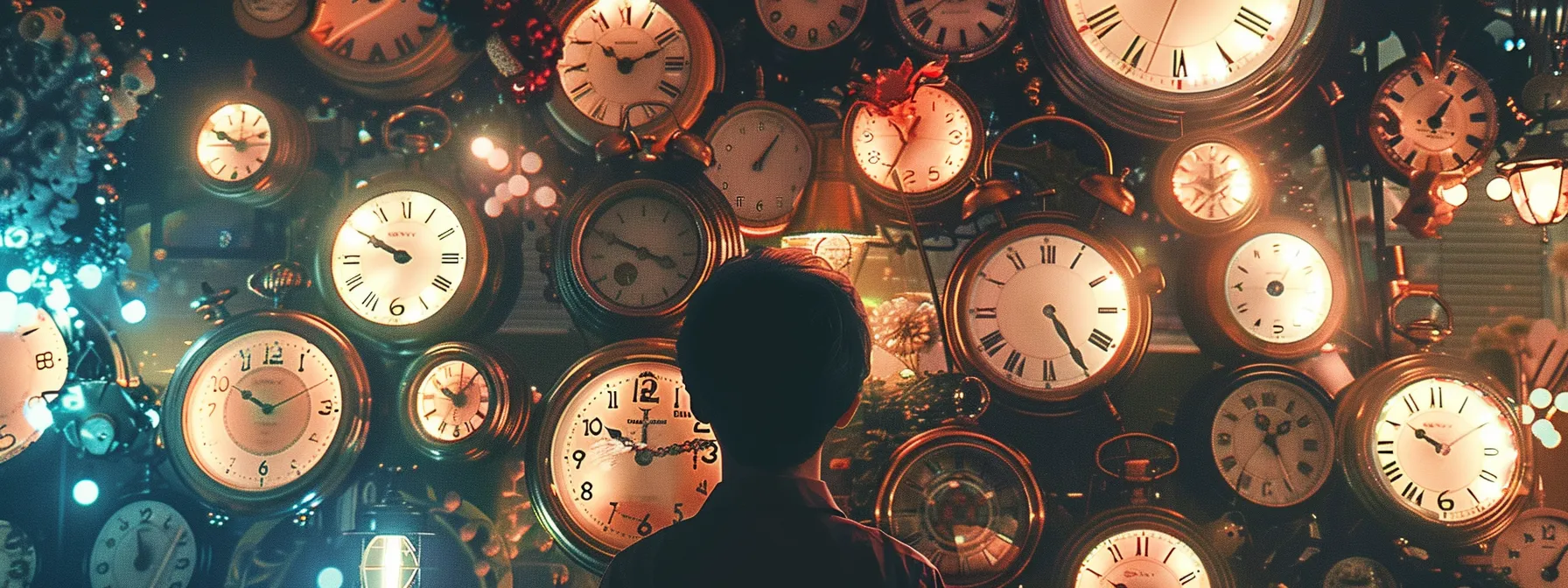 a person surrounded by clocks of various sizes and designs, symbolizing the importance of time management in wealth creation.