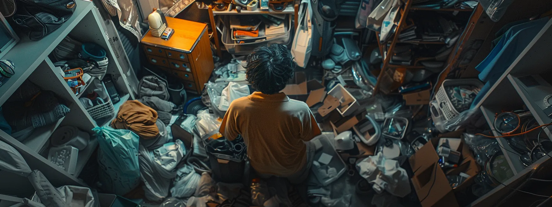 a person surrounded by cluttered and chaotic surroundings, but making a conscious effort to declutter and create a clean, organized environment for positive habit changes.