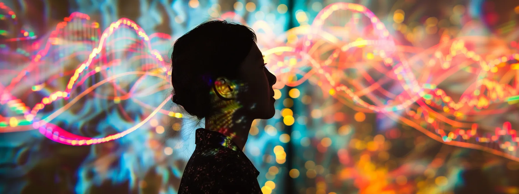 a person surrounded by colorful graphs showing heart rate variability and coherent heart rhythms, reflecting on the intricate communication between the heart and brain in achieving emotional stability and well-being.