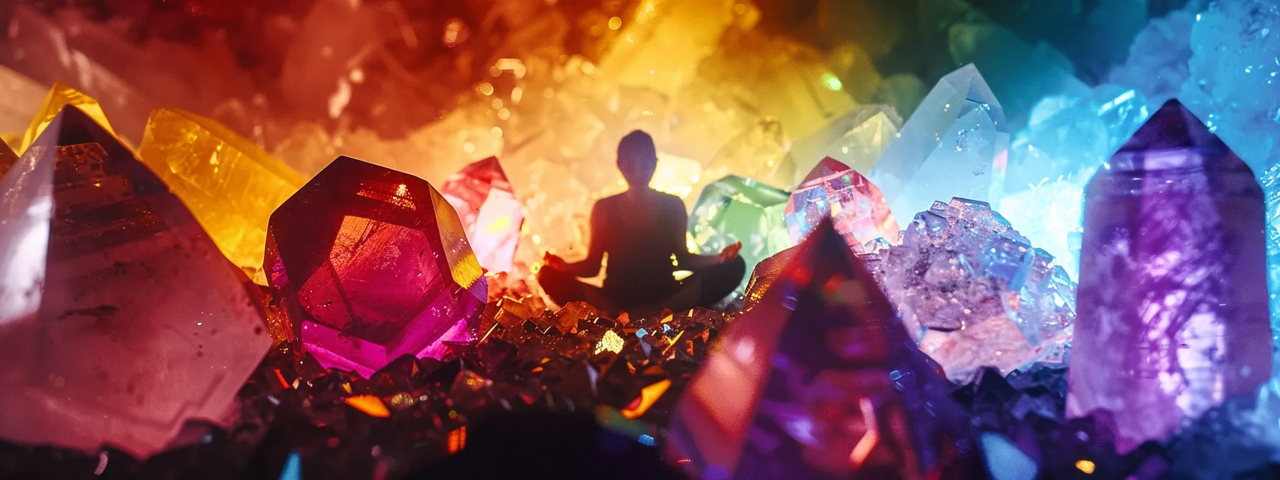 a person surrounded by glowing crystals, their chakras emitting vibrant colors of energy, symbolizing the process of identifying and balancing energy blockages.