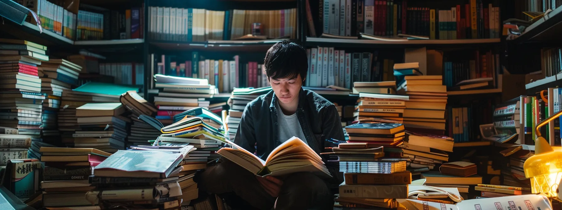 a person surrounded by stacks of books, financial charts, and motivational quotes, embodying the integration of abundance principles into daily life.