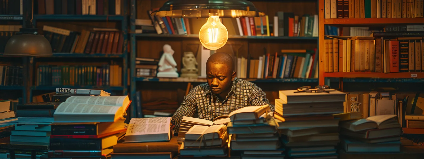 a person surrounded by stacks of books, deep in thought, with a light bulb glowing above their head, symbolizing the concepts of imagination and productivity discussed in 