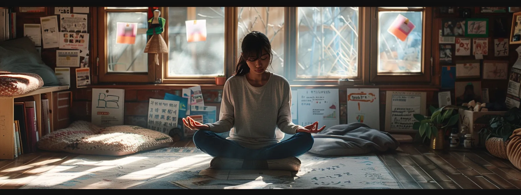 a person surrounded by supportive friends, meditating peacefully in a clutter-free room, with motivational notes pinned on the wall.