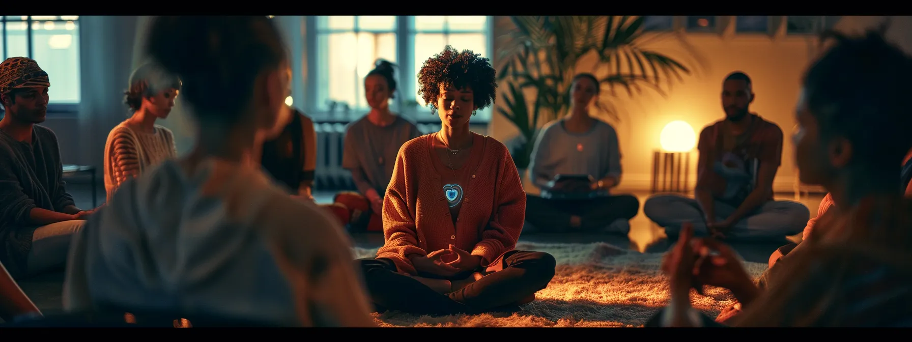 a person surrounded by supportive friends, tracking their progress with a heartmath device during a group meditation session.