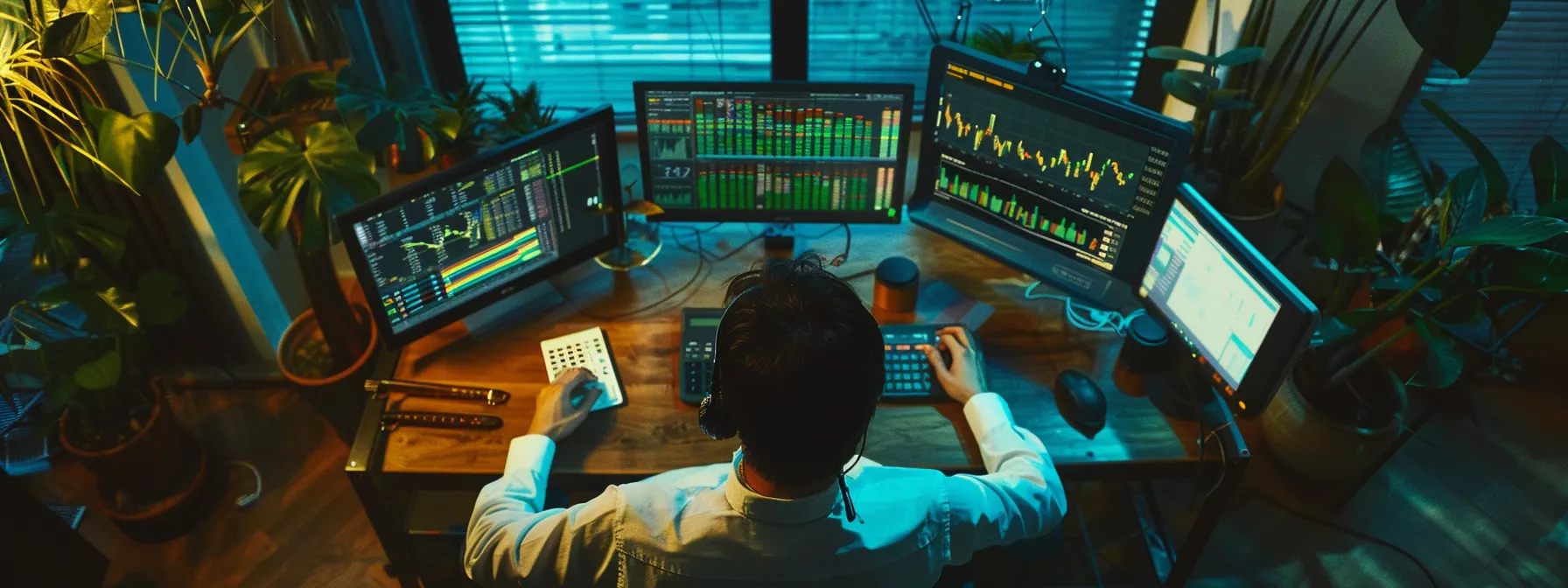 a person surrounded by various investment assets, a calculator, and a computer screen displaying stock market data, symbolizing the implementation of effective wealth-building strategies.