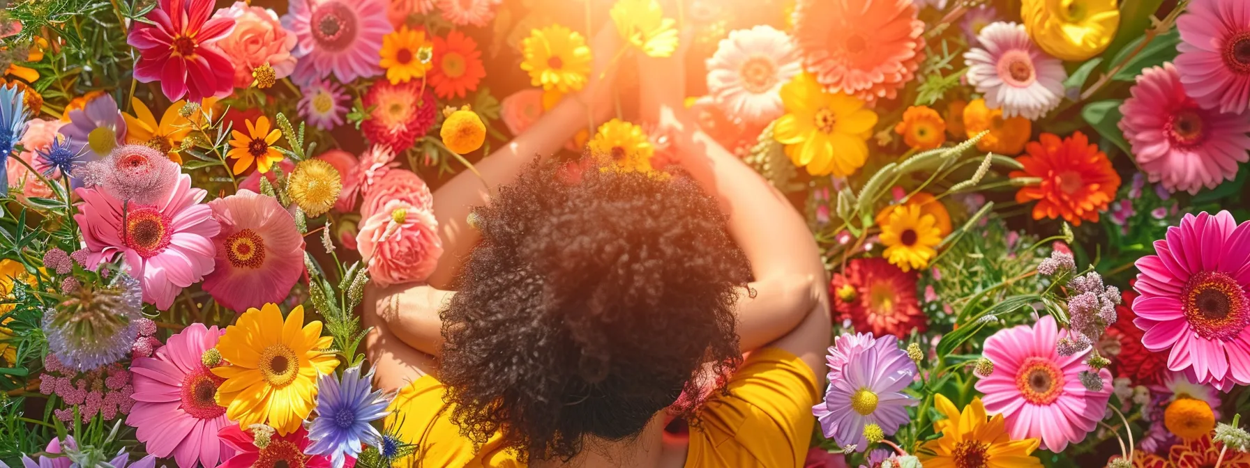 a person surrounded by vibrant, blooming flowers, symbolizing the abundance mindset essential for mastering wealth according to bob proctor's philosophy.