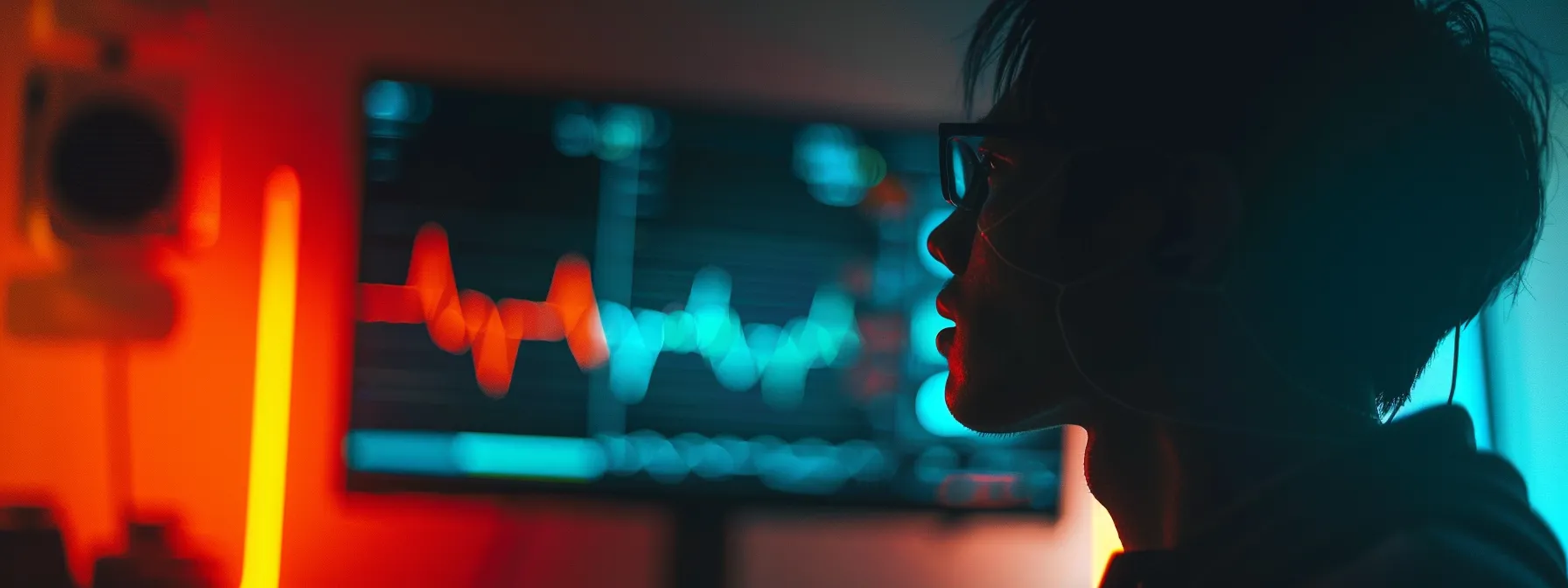 a person using a high-tech device to closely monitor their heart rate variability, with a focused expression and a detailed graph displayed on the screen.