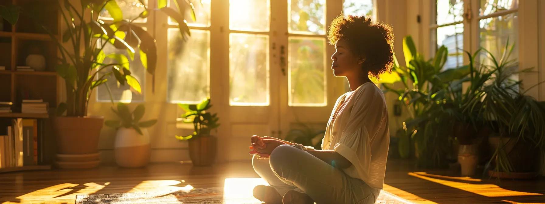 a person using heartmath technology to practice emotional well-being in a peaceful, sunlit room.