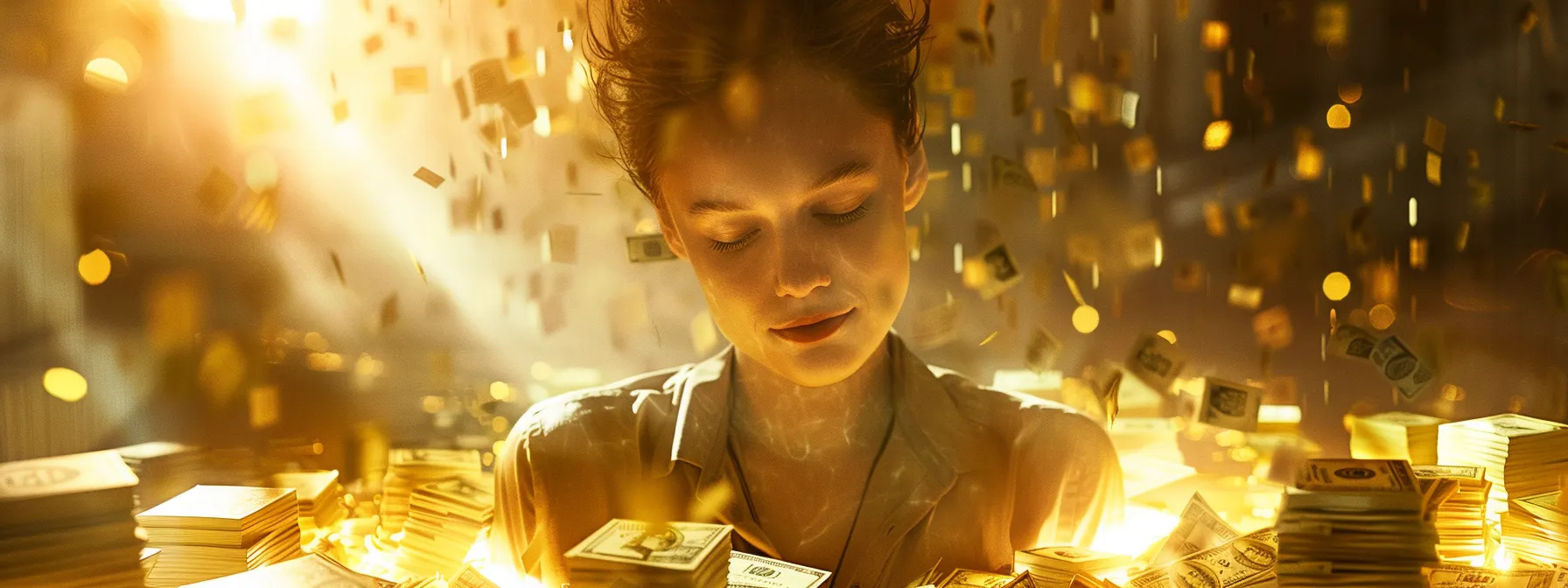 a person visualizing financial success with a serene expression, surrounded by glowing golden light and stacks of money in the background.