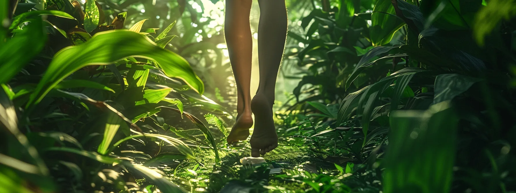 a person walking barefoot on the earth, surrounded by lush green foliage, in a peaceful and serene nature setting.