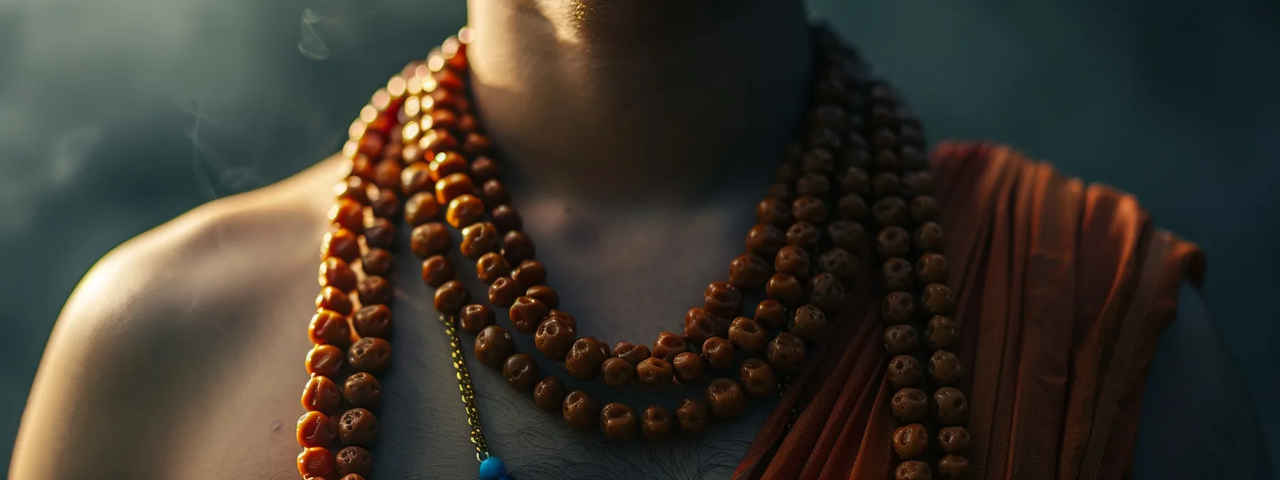 a person wearing a carefully positioned activated rudraksha bead necklace, radiating a sense of spiritual connection and energy.