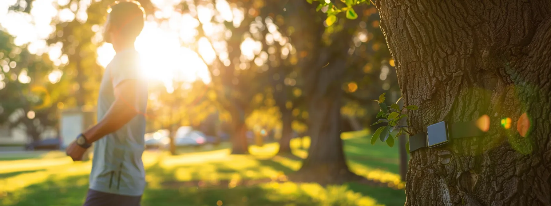 a person wearing a fitness tracker, monitoring their heart rate variability while exercising in a serene park setting.