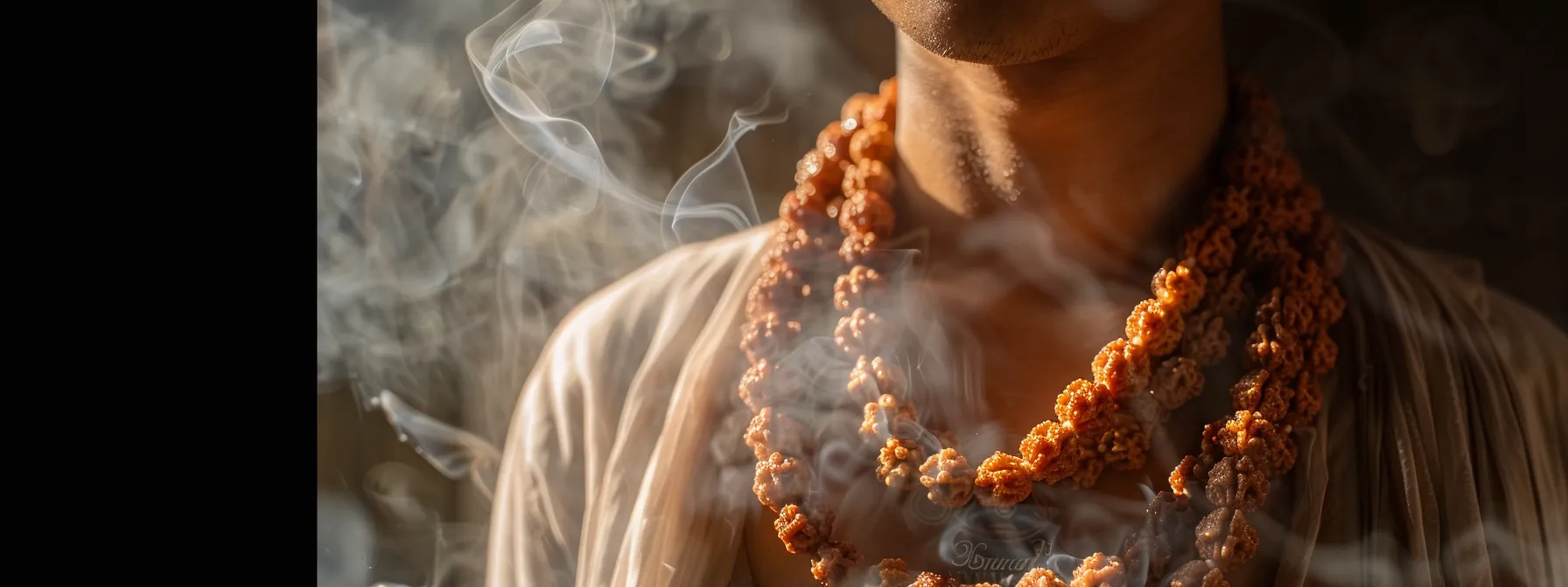 a person wearing a genuine rudraksha necklace, surrounded by a peaceful aura, radiating spiritual energy.