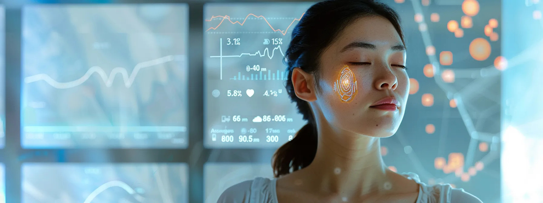 a person wearing a heart rate monitor with a serene expression, surrounded by graphs and charts showing emotional and physiological progress.