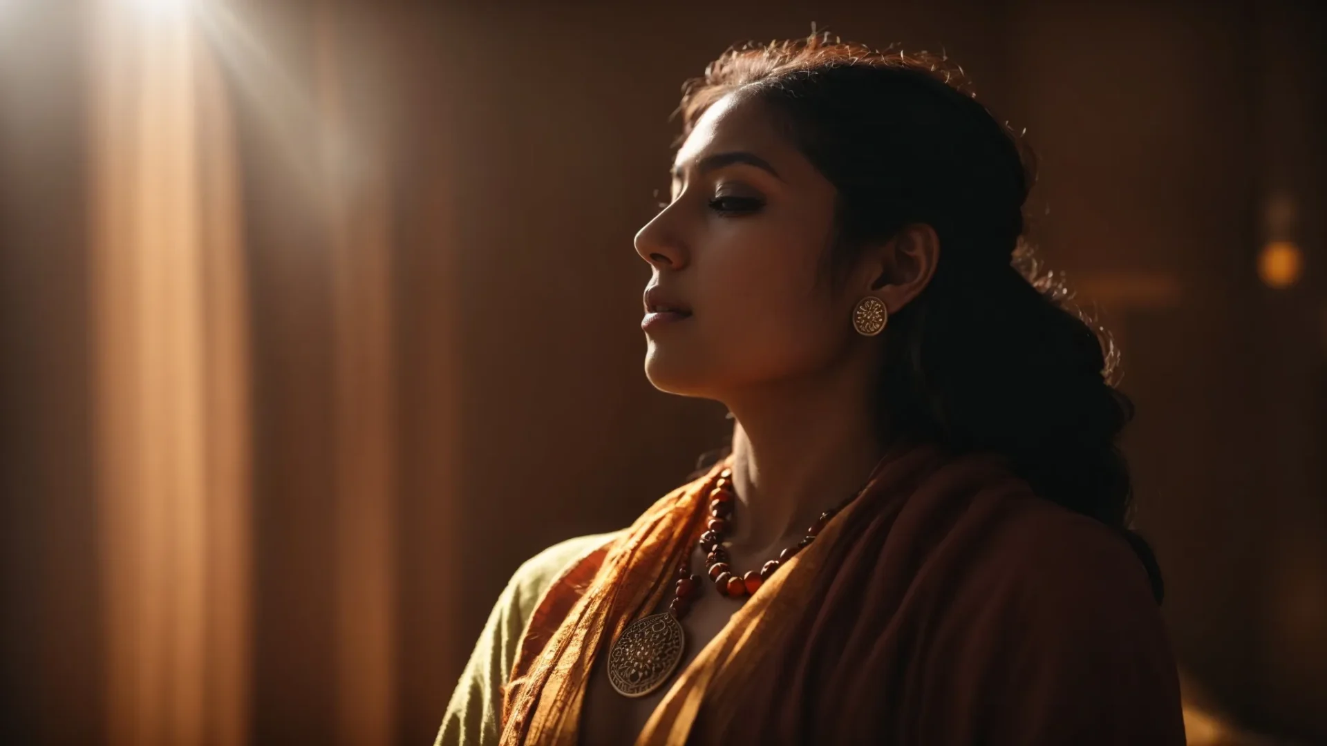 a person wearing a nine mukhi rudraksha bead necklace, meditating peacefully in a sunlit room surrounded by serene energy.