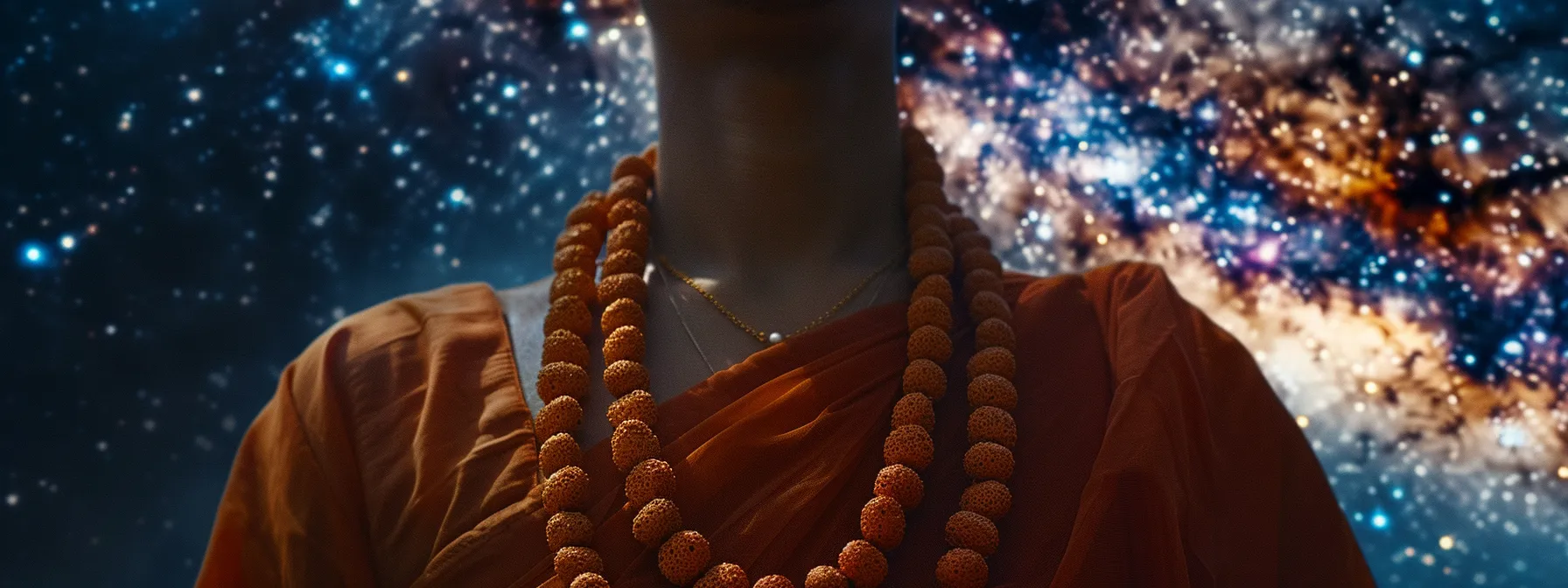 a person wearing a rudraksha bead necklace under a starry night sky, with celestial bodies aligned in perfect harmony above.