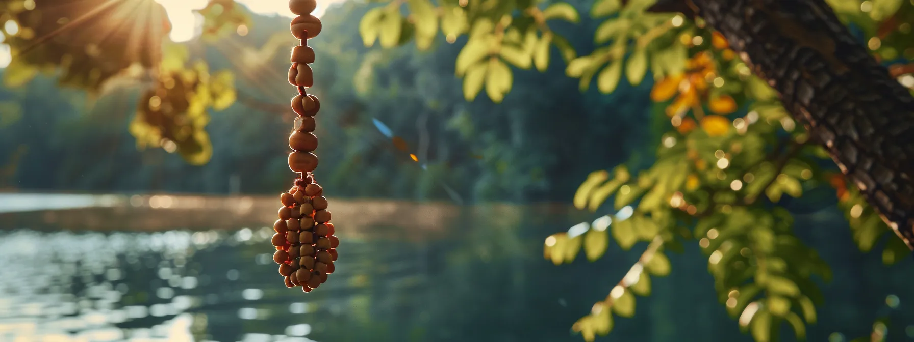 a person wearing a rudraksha pendant during a peaceful morning meditation session by a serene lake.