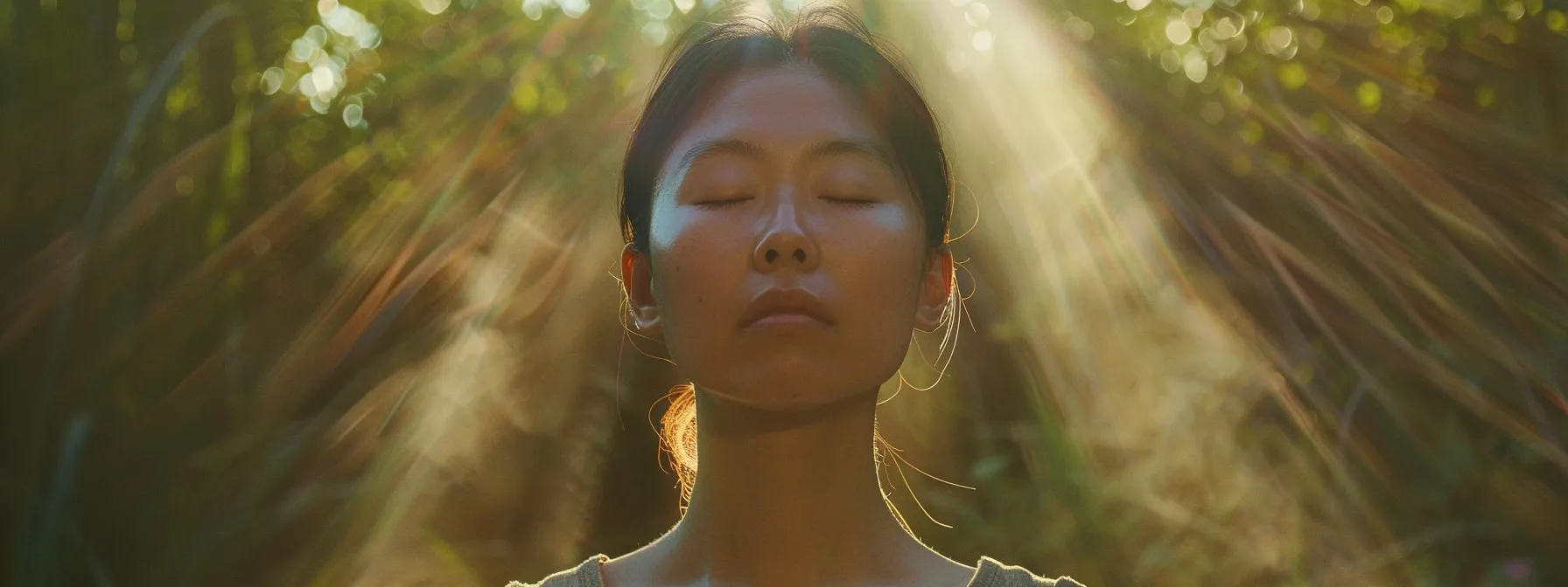 a person wearing a serene expression, surrounded by calming nature, as they practice heartmath techniques for trauma recovery.