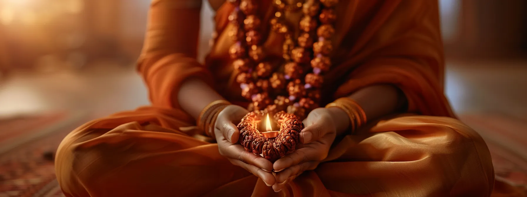 a person wearing a sixteen mukhi rudraksha necklace, radiating a vibrant aura of health and well-being.