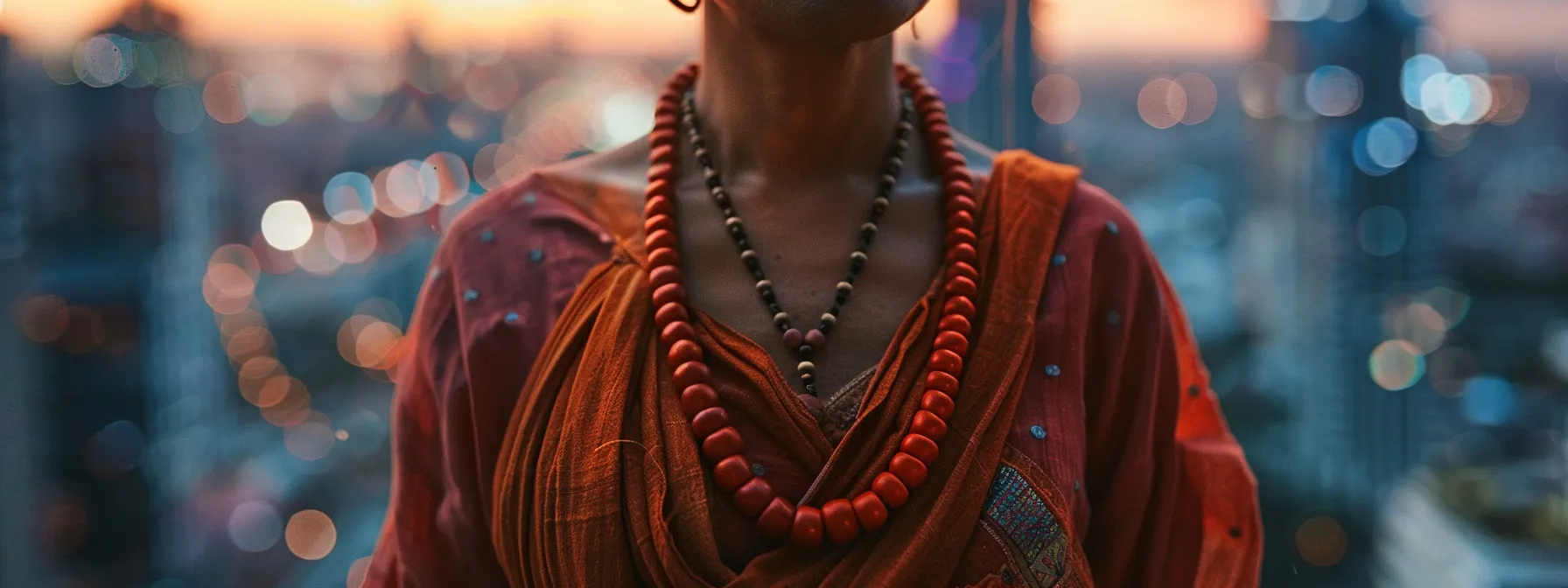 a person wearing a sixteen mukhi rudraksha necklace, radiating a sense of inner peace and spiritual connection amidst a modern, bustling cityscape.