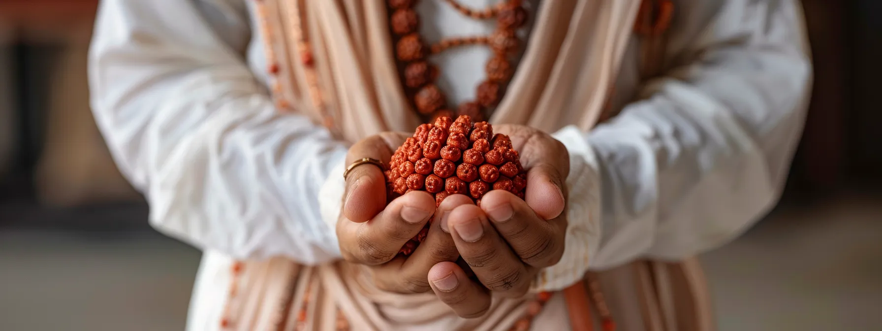 a person wearing a sleek, modern outfit while holding a six mukhi rudraksha bead, symbolizing the fusion of ancient spiritual wisdom with contemporary lifestyle.