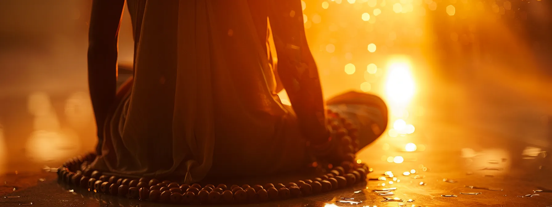 a person wearing a string of rudraksha beads while sitting in front of a glowing morning sun, surrounded by traditional hindu symbols.