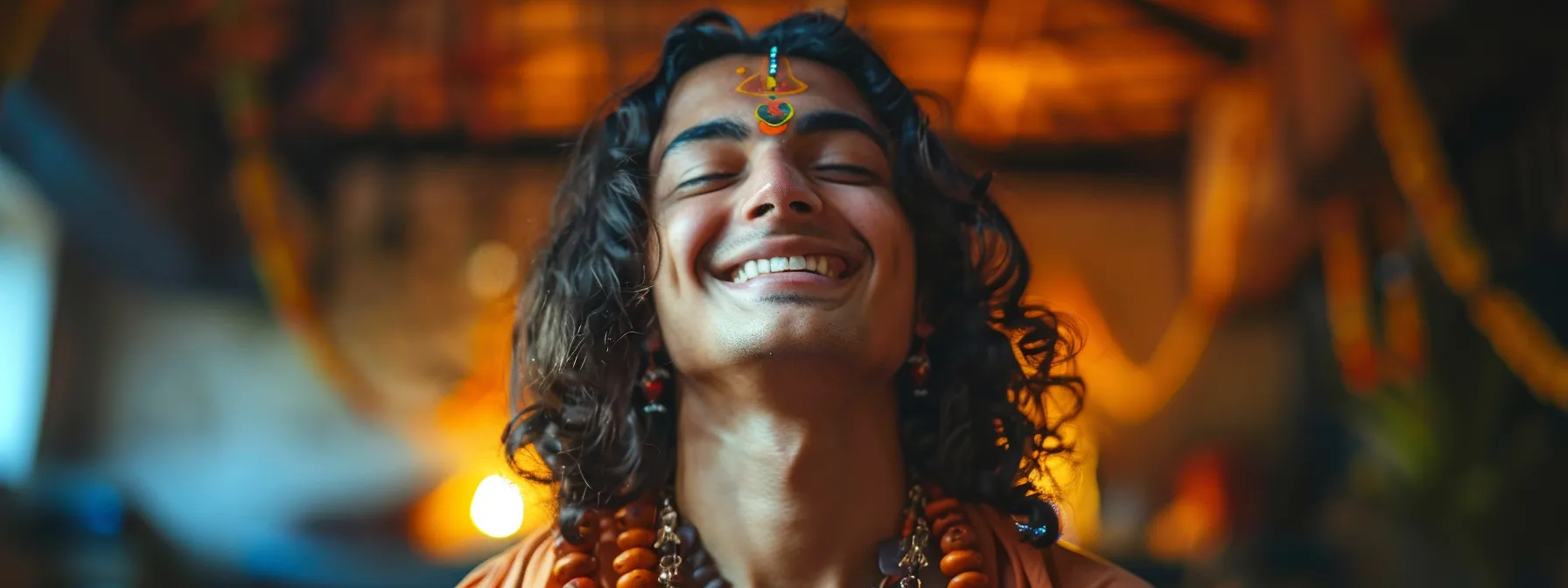 a person wearing a three mukhi rudraksha necklace smiles brightly, radiating confidence and a sense of well-being.