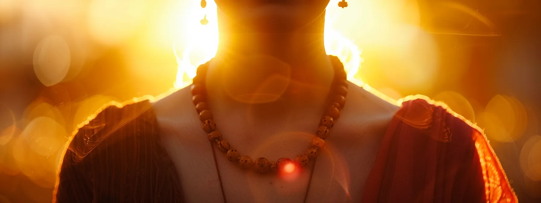 a person wearing a vibrant eight mukhi rudraksha necklace, surrounded by glowing energy, reciting mantras with focused concentration.