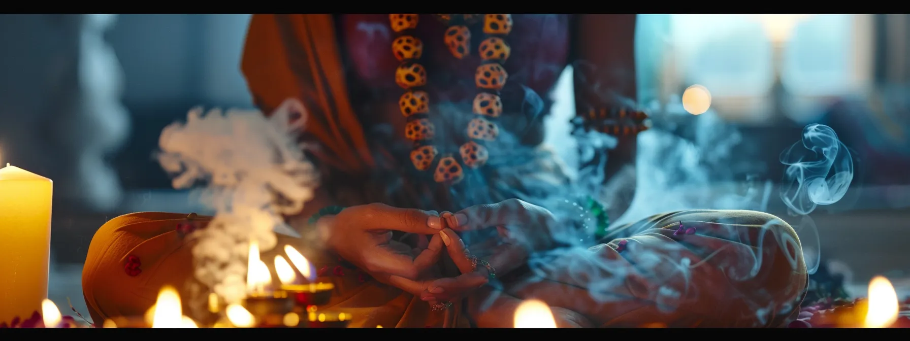 a person wearing a vibrant rudraksha necklace, surrounded by incense smoke and lit candles, deep in meditation.