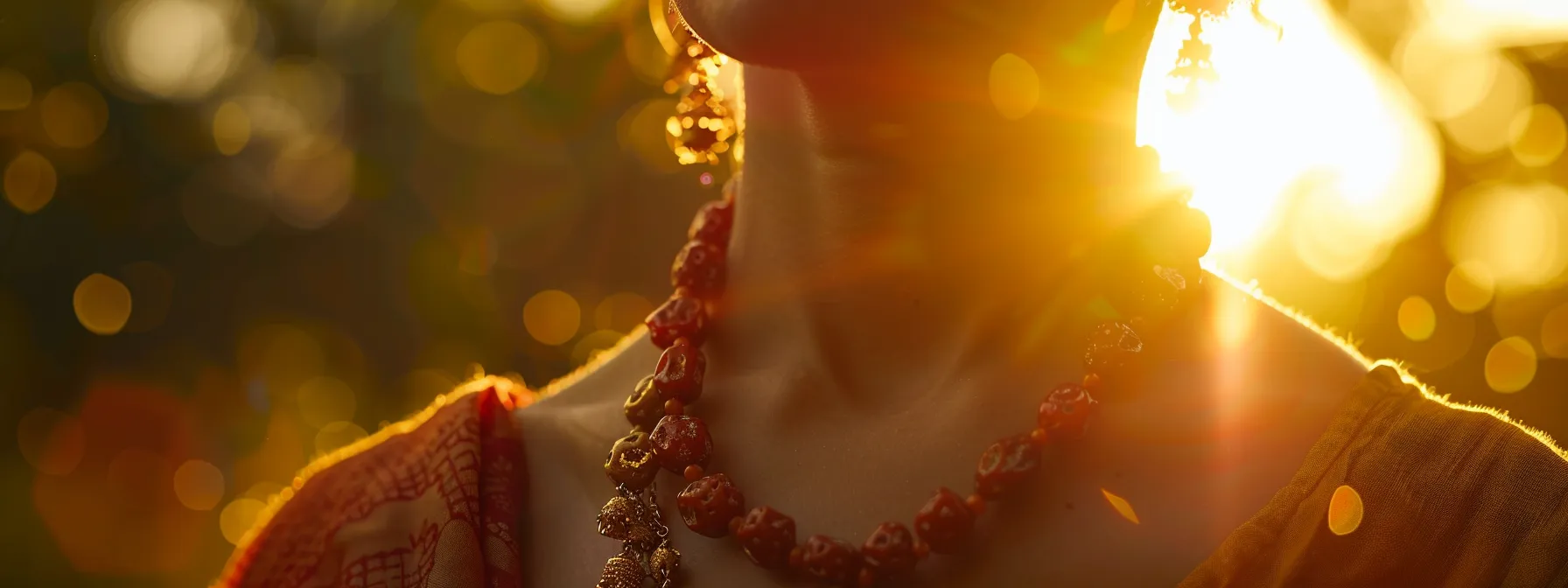 a person wearing a vibrant rudraksha bead necklace, basking in the warm glow of sunlight, radiating a sense of vitality and well-being.