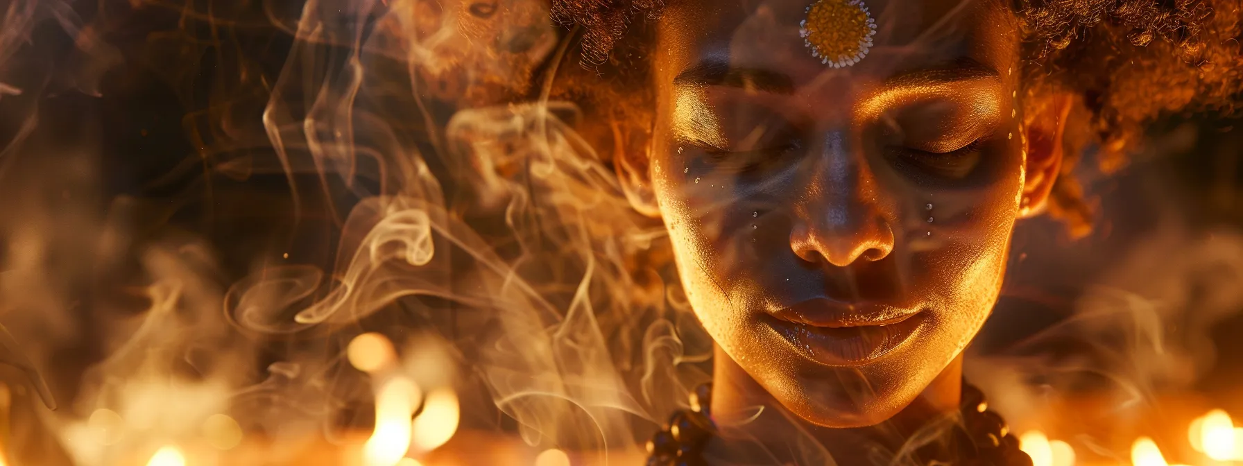 a person wearing the sixteen mukhi rudraksha bead with closed eyes, deep in prayer, surrounded by incense smoke and glowing with a spiritual aura.