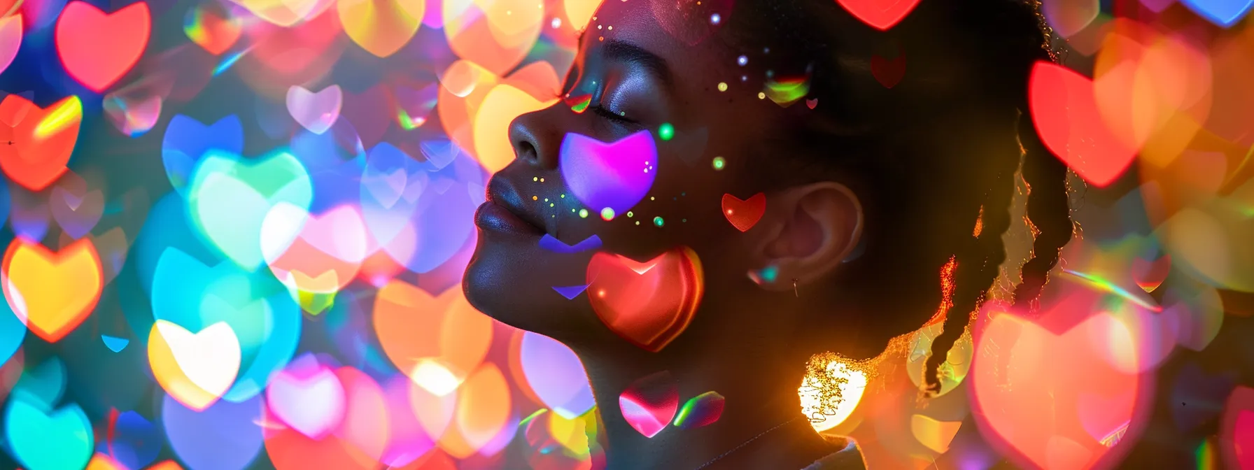 a person with a radiant and peaceful expression, surrounded by colorful heart-shaped frequencies, connecting thoughts and emotions to well-being and personal growth.