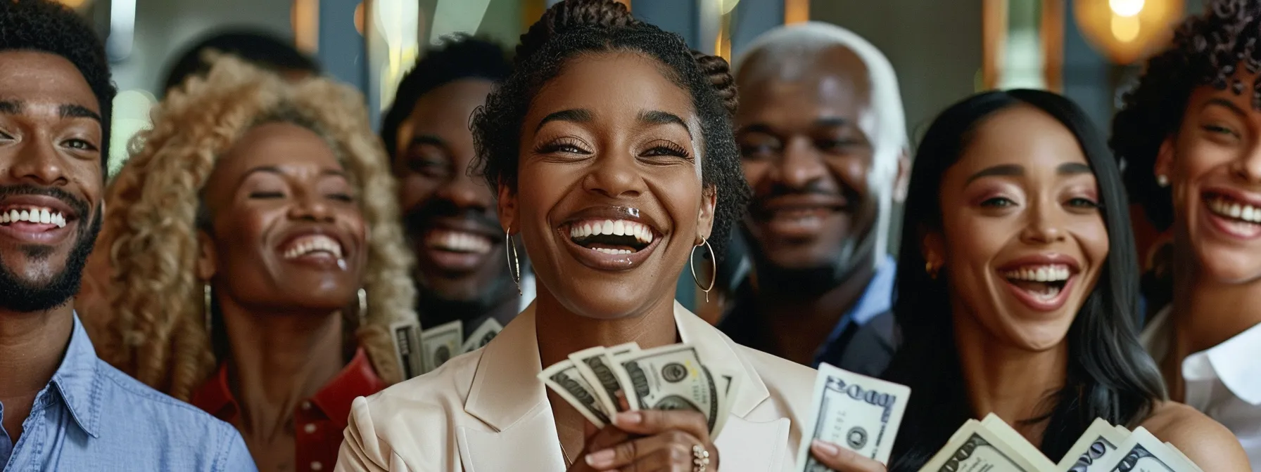 a photo of a diverse group of individuals smiling, holding stacks of money, and celebrating their financial success, embodying the real-world applications of bob proctor's wealth principles.