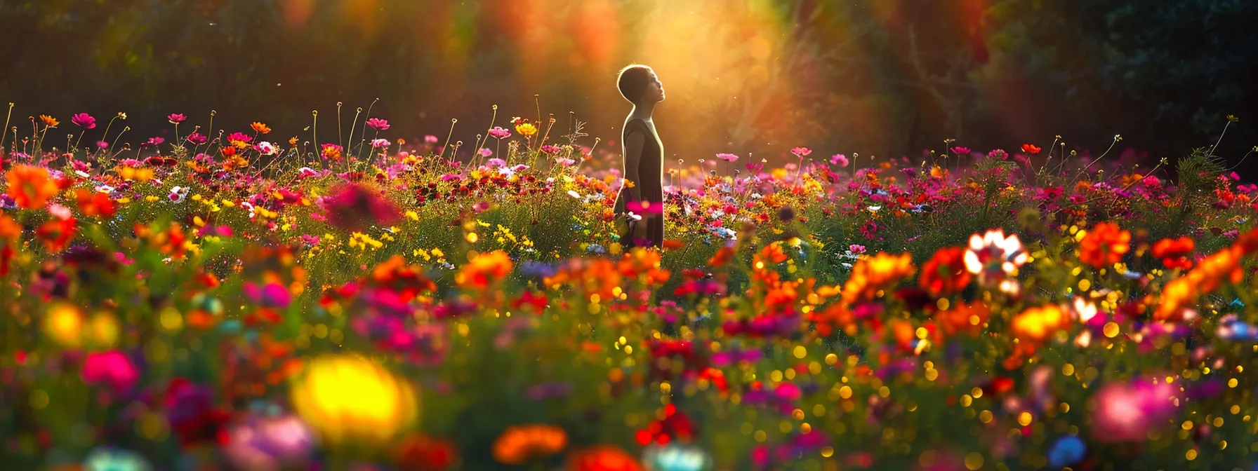 a photo of a person standing in a field of blooming flowers, radiating confidence and abundance after applying bob proctor's principles for wealth attraction.