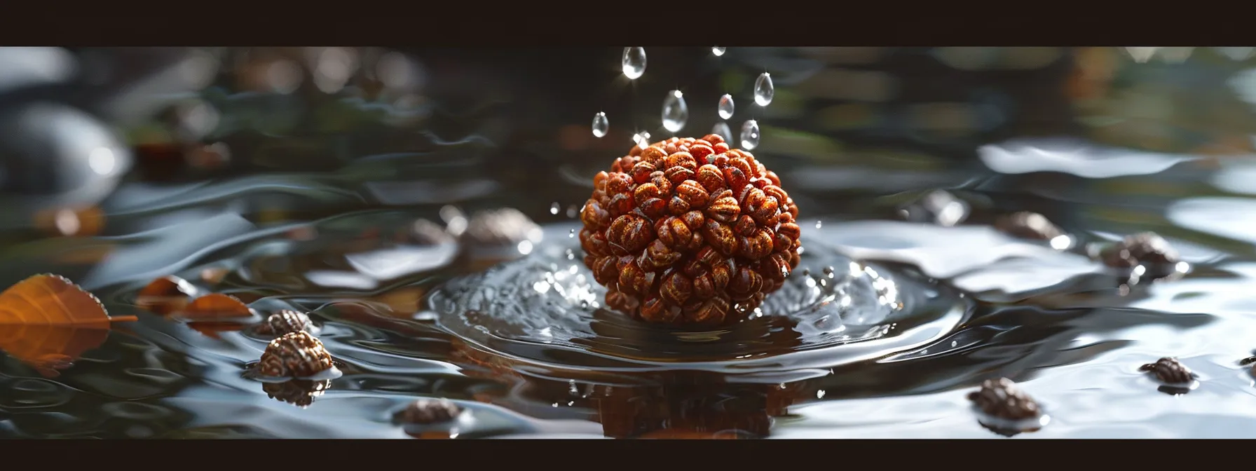 a polished eleven mukhi rudraksha gleams under soft, natural light, surrounded by gentle drops of water, symbolizing the delicate balance of maintaining its sacred energy and durability.