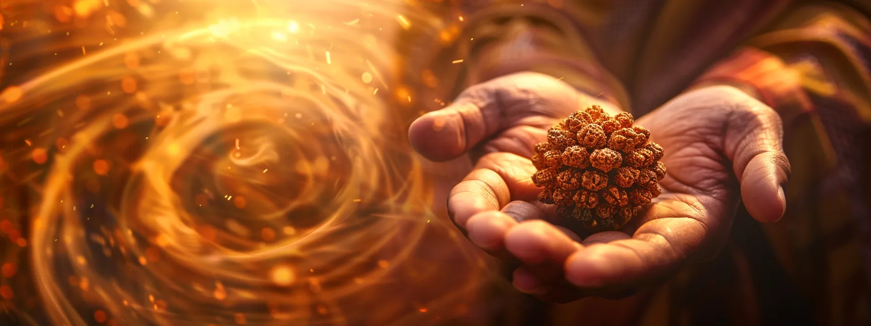 a powerful image of a serene meditator holding a vibrant, sixteen mukhi rudraksha bead with a backdrop of mystical energy swirling around them, symbolizing the connection between lord shiva and the sacred bead.