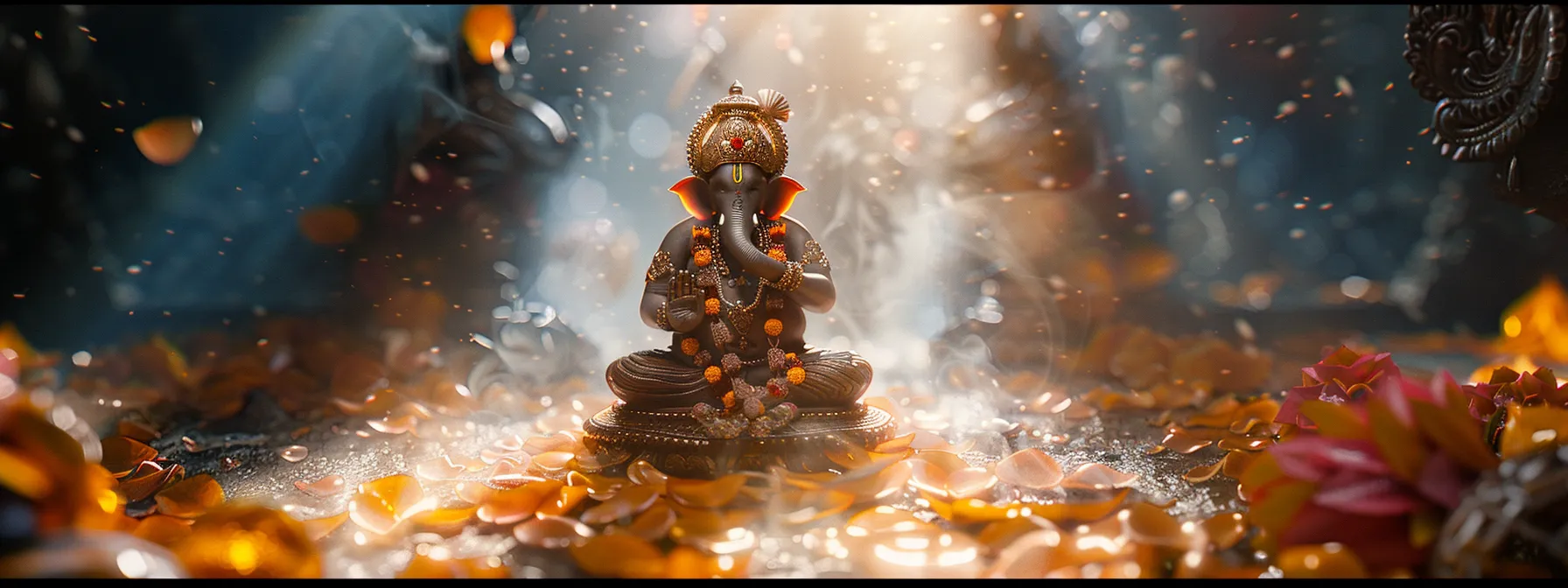 a powerful image of lord ganesha holding the eight mukhi rudraksha, symbolizing his ability to overcome obstacles and embody transformative energy.