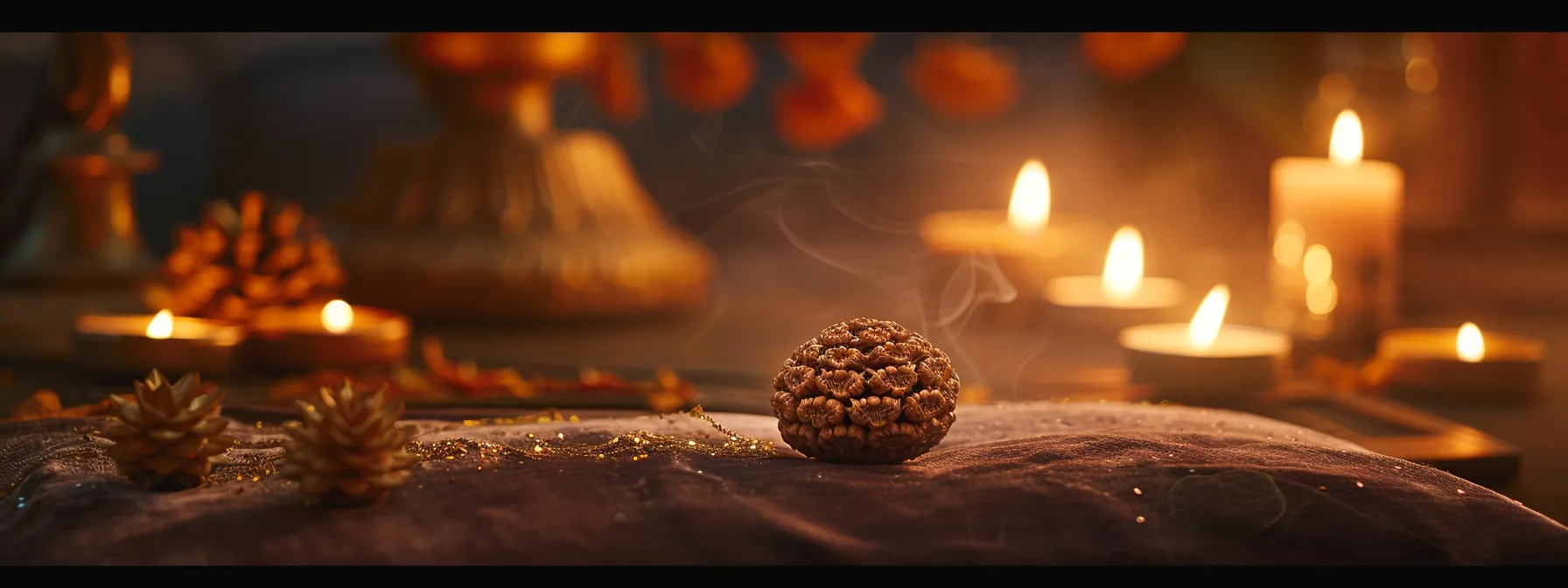 a pristine eight mukhi rudraksha bead glowing with spiritual energy on a velvet cushion, surrounded by candles and incense in a tranquil meditative setting.