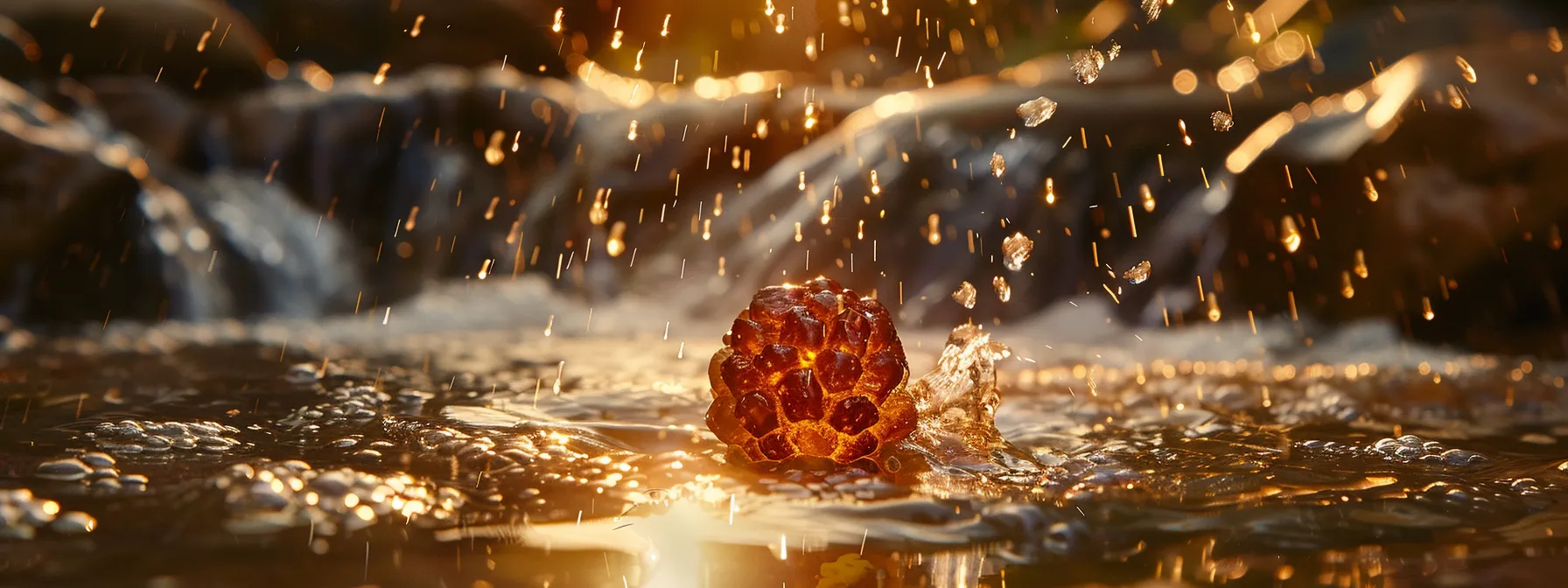 a pristine, shimmering nineteen mukhi rudraksha bead glowing with divine energy under a gentle stream of cleansing water.