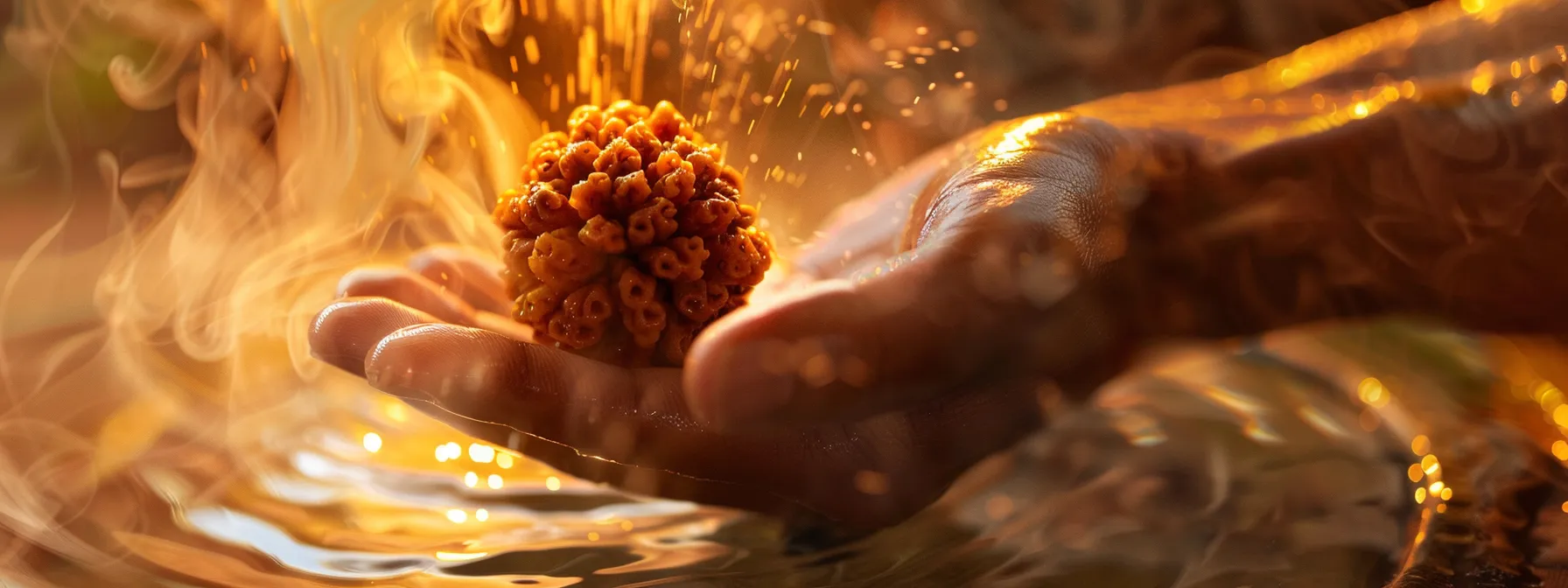 a radiant nineteen mukhi rudraksha bead being gently cleaned and dried before storage, exuding a powerful and sacred aura.