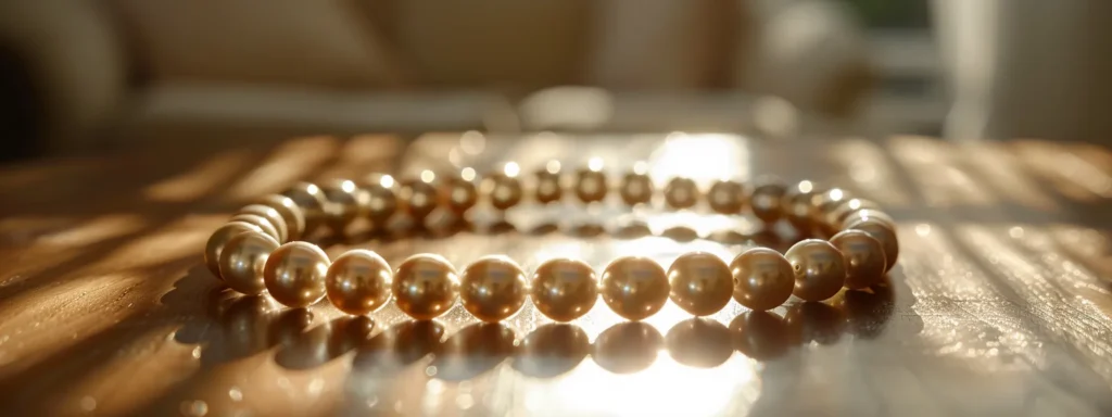 a radiant pearl bracelet gleaming under soft, golden sunlight, exuding timeless elegance.